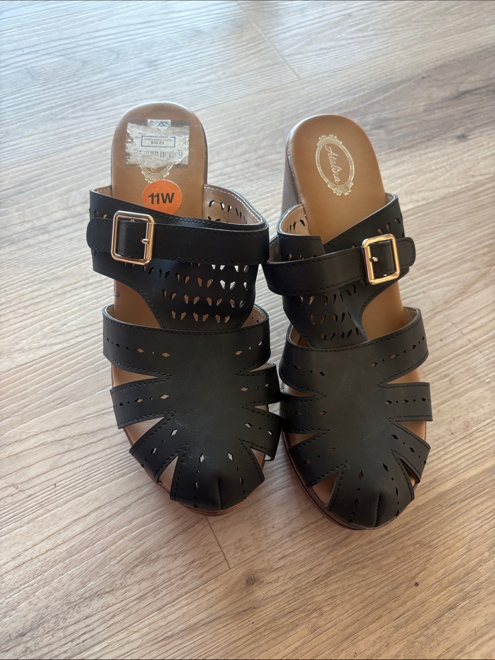 Atalina Black Cutout vegan Leather Wedge Mules with Gold Buckle